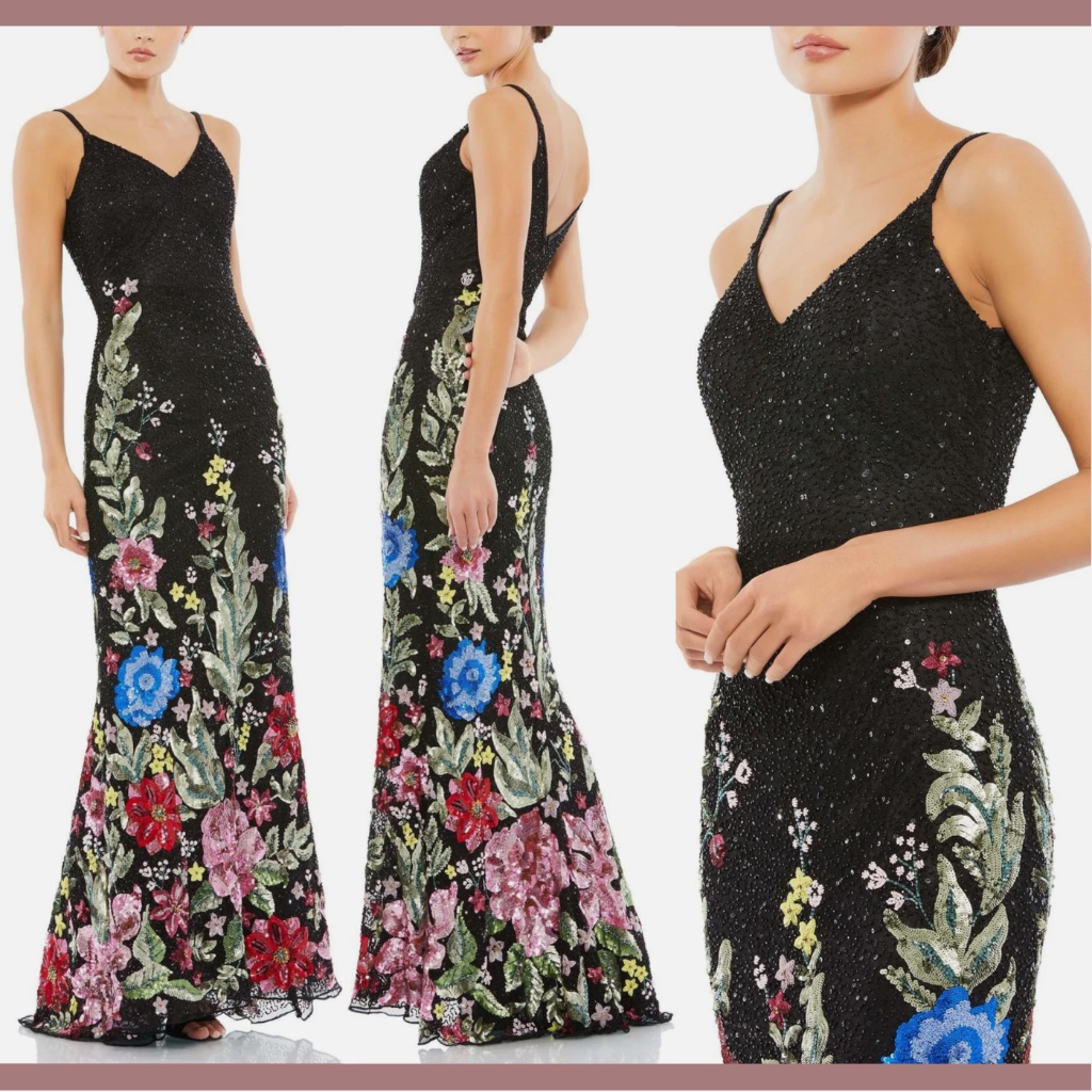 Nwt $598 Mac Duggal [ 2 ] Floral Embellished Spaghetti Strap Gown In Black